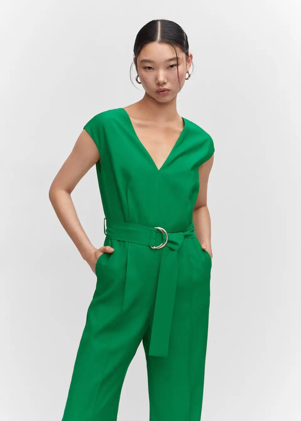 V-neck belted jumpsuit