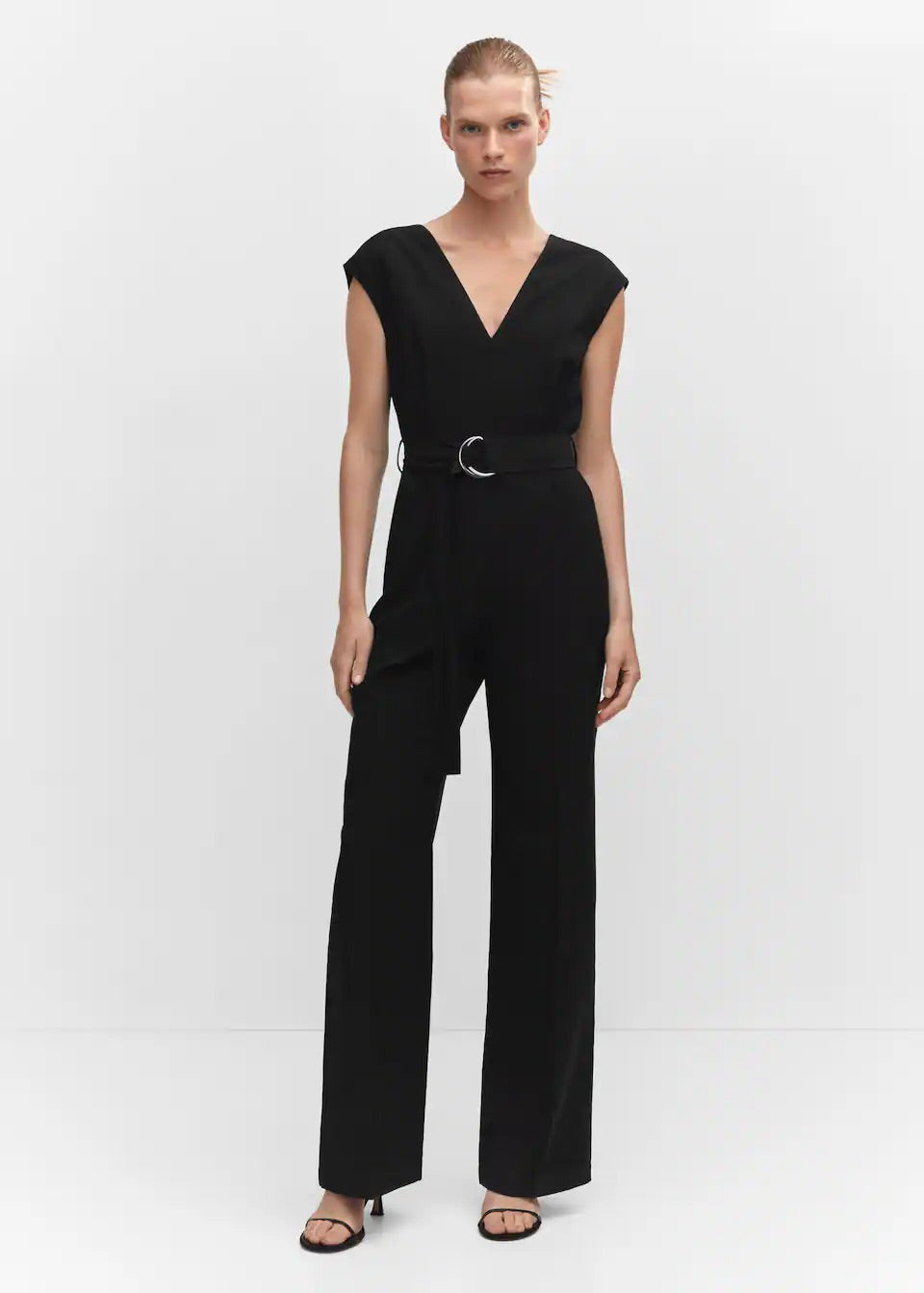 V-neck belted jumpsuit