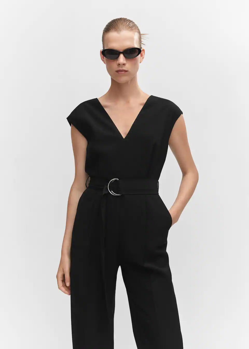 V-neck belted jumpsuit