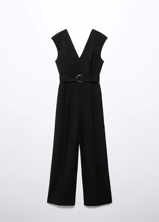 V-neck belted jumpsuit