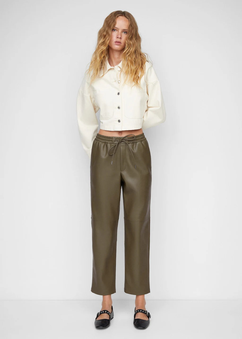 Leather-effect elastic waist trousers