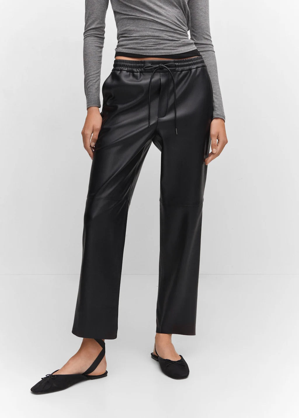 Leather-effect elastic waist trousers