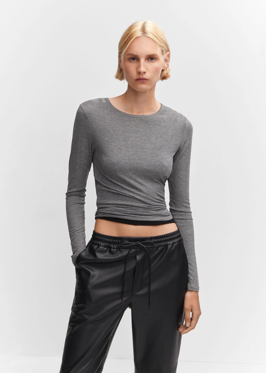 Leather-effect elastic waist trousers