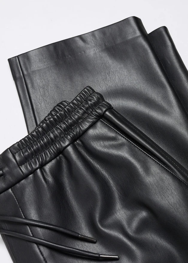 Leather-effect elastic waist trousers