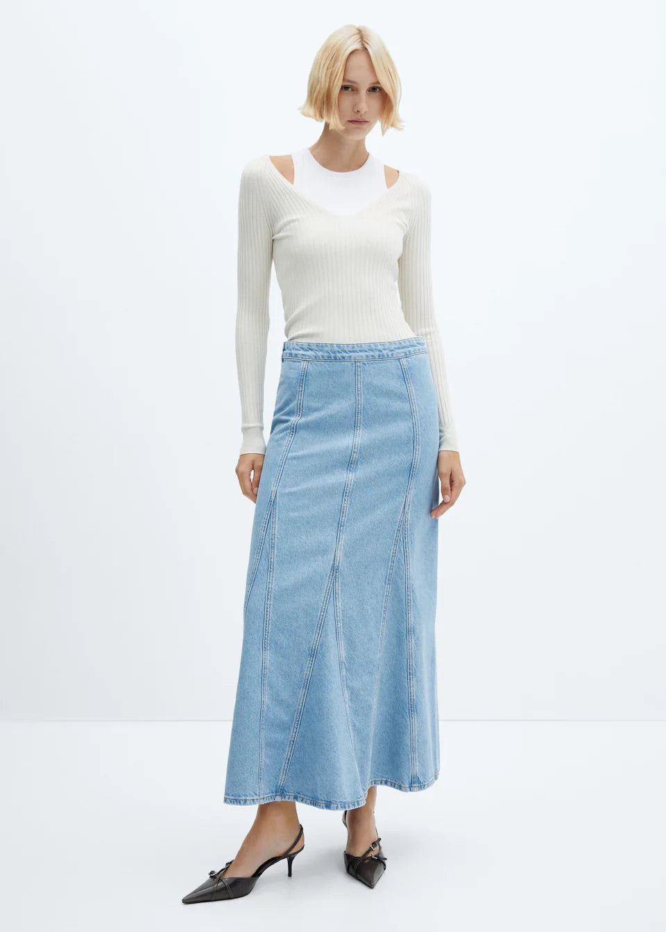 Long denim skirt with seams