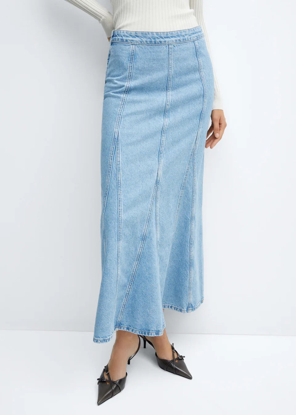 Long denim skirt with seams