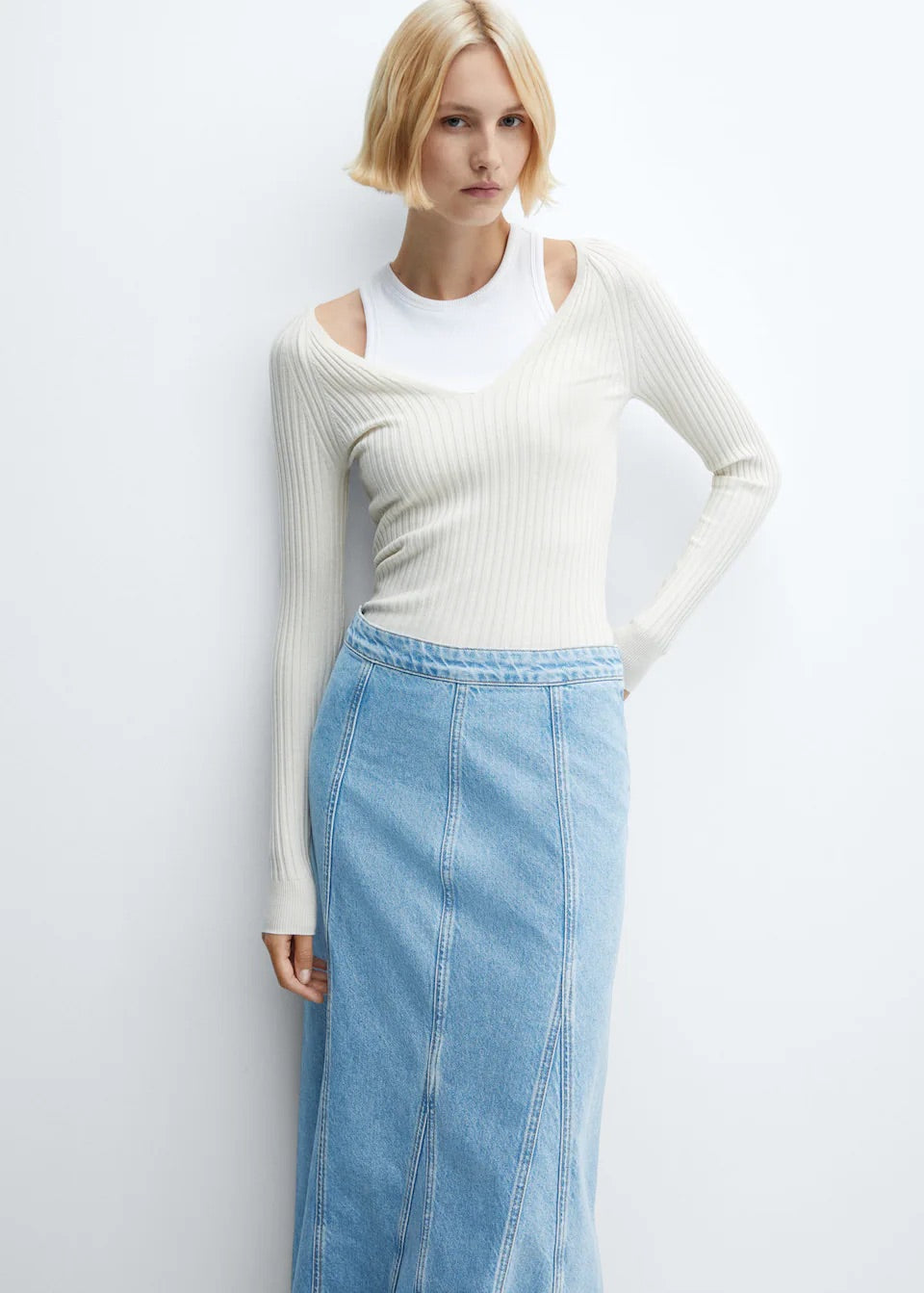 Long denim skirt with seams