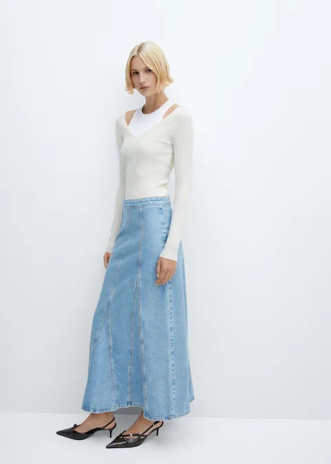 Long denim skirt with seams