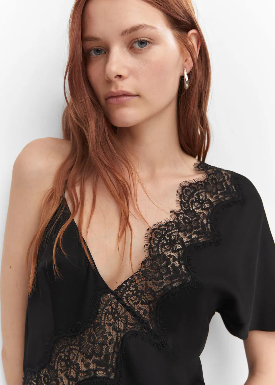 Lingerie dress with asymmetric sleeves