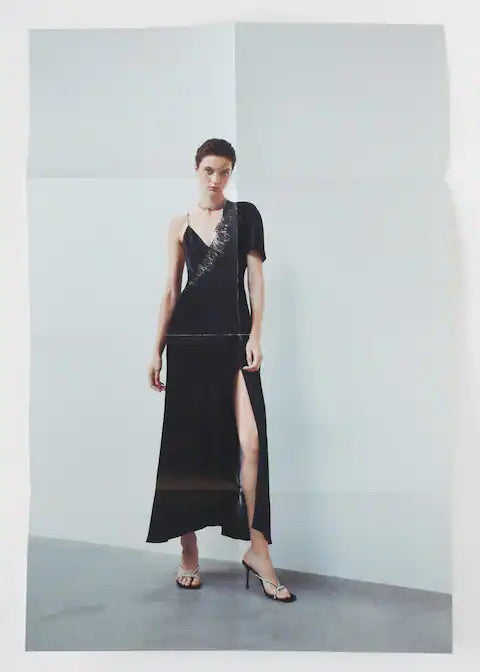 Lingerie dress with asymmetric sleeves