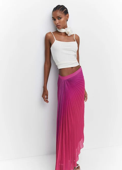 Pleated asymmetric skirt