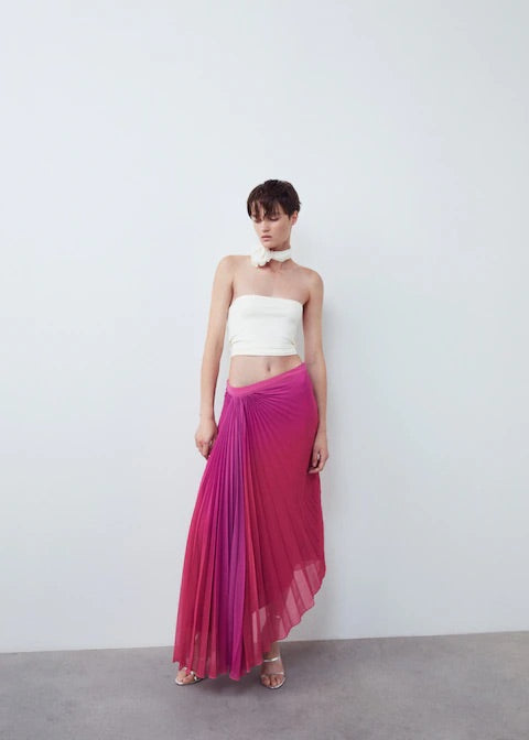 Pleated asymmetric skirt