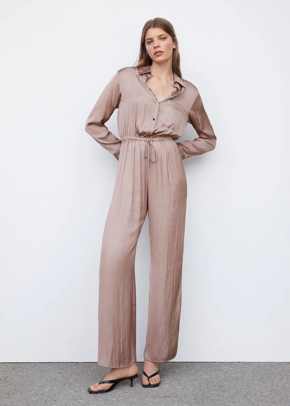 Long satin shirt jumpsuit