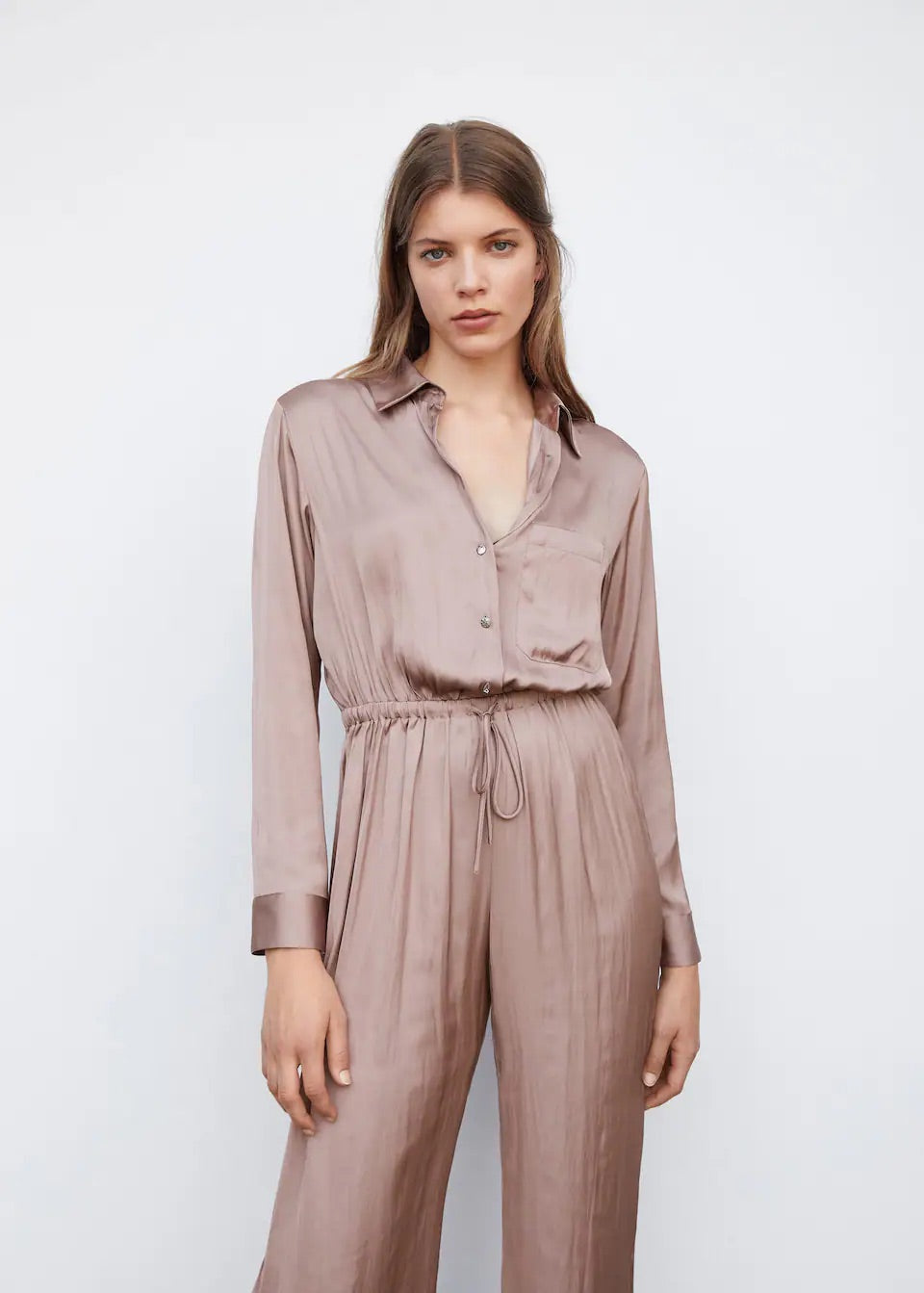 Long satin shirt jumpsuit