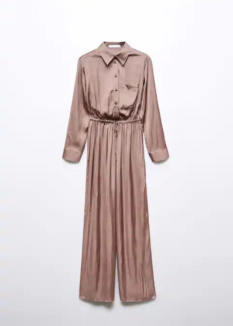 Long satin shirt jumpsuit