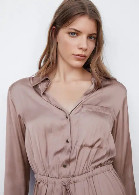 Long satin shirt jumpsuit