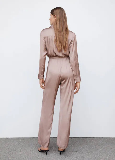 Long satin shirt jumpsuit