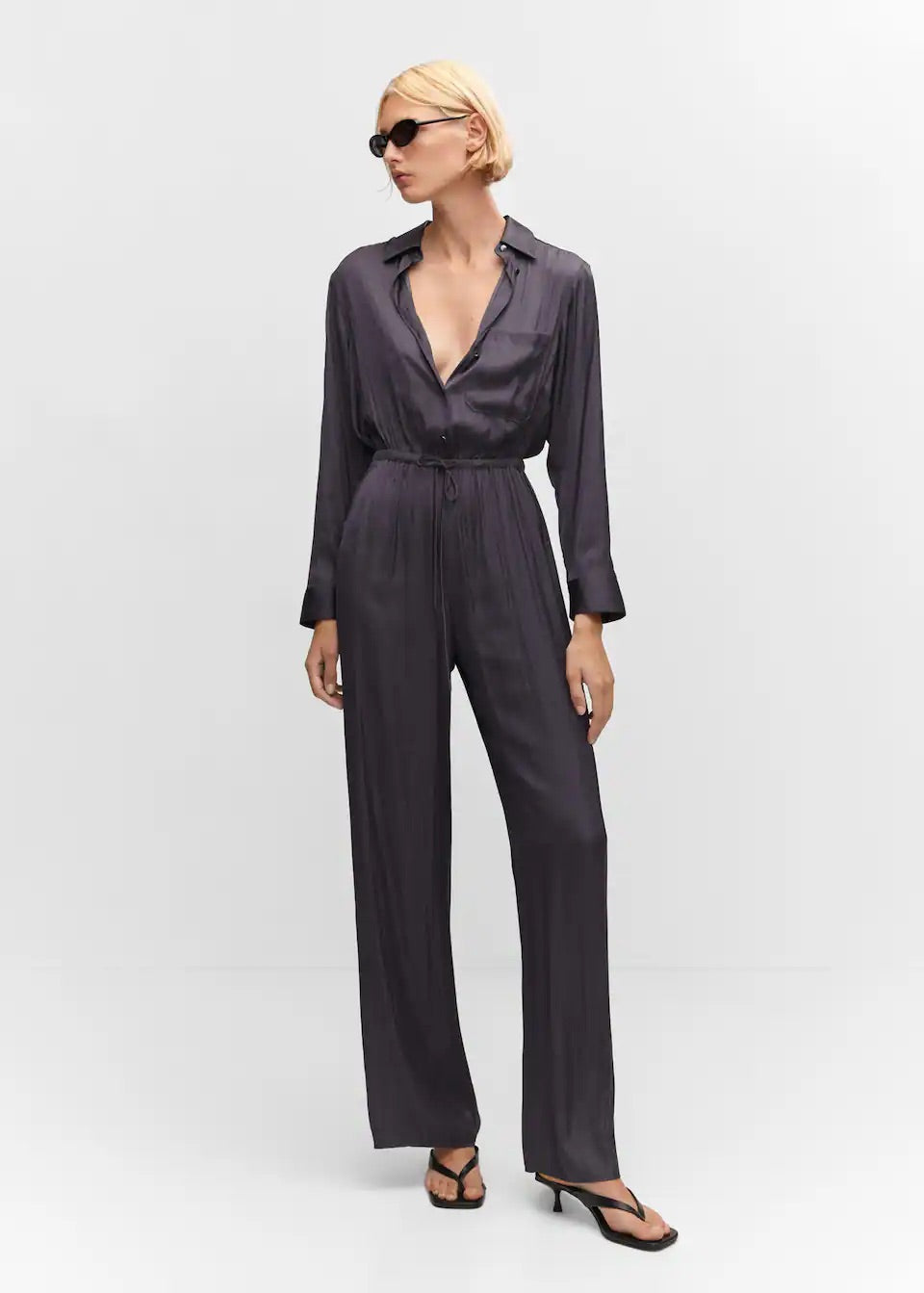 Long satin shirt jumpsuit