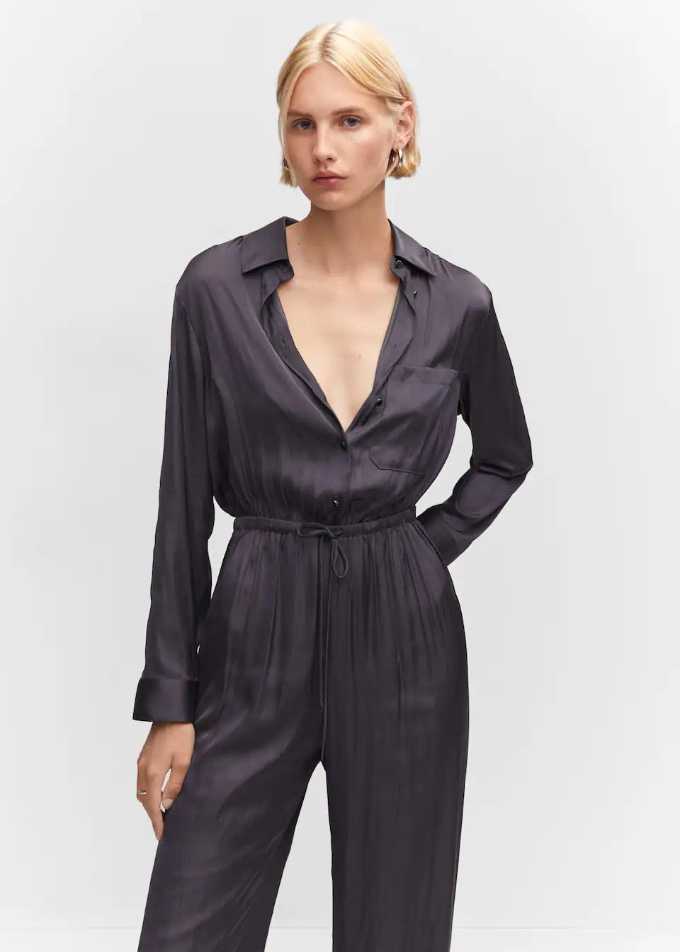 Long satin shirt jumpsuit