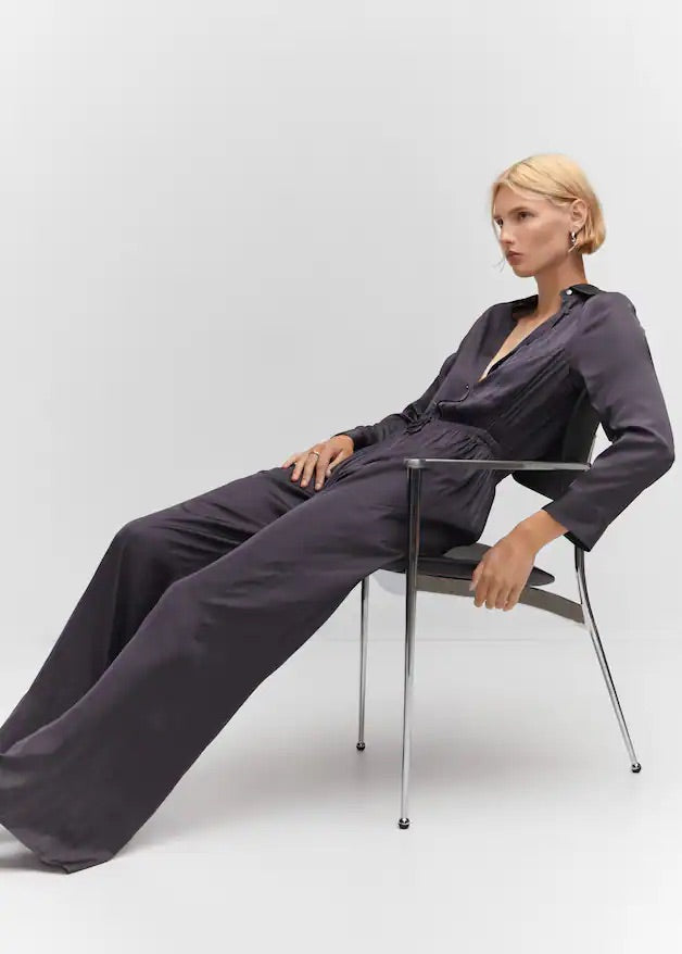 Long satin shirt jumpsuit