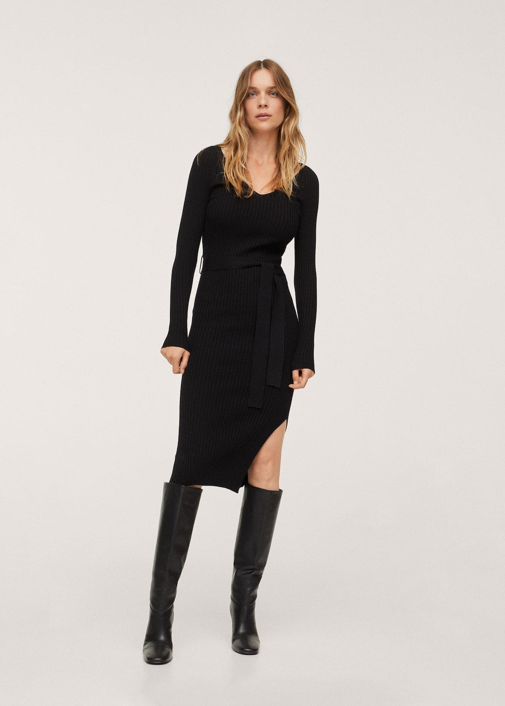 Belt ribbed dress