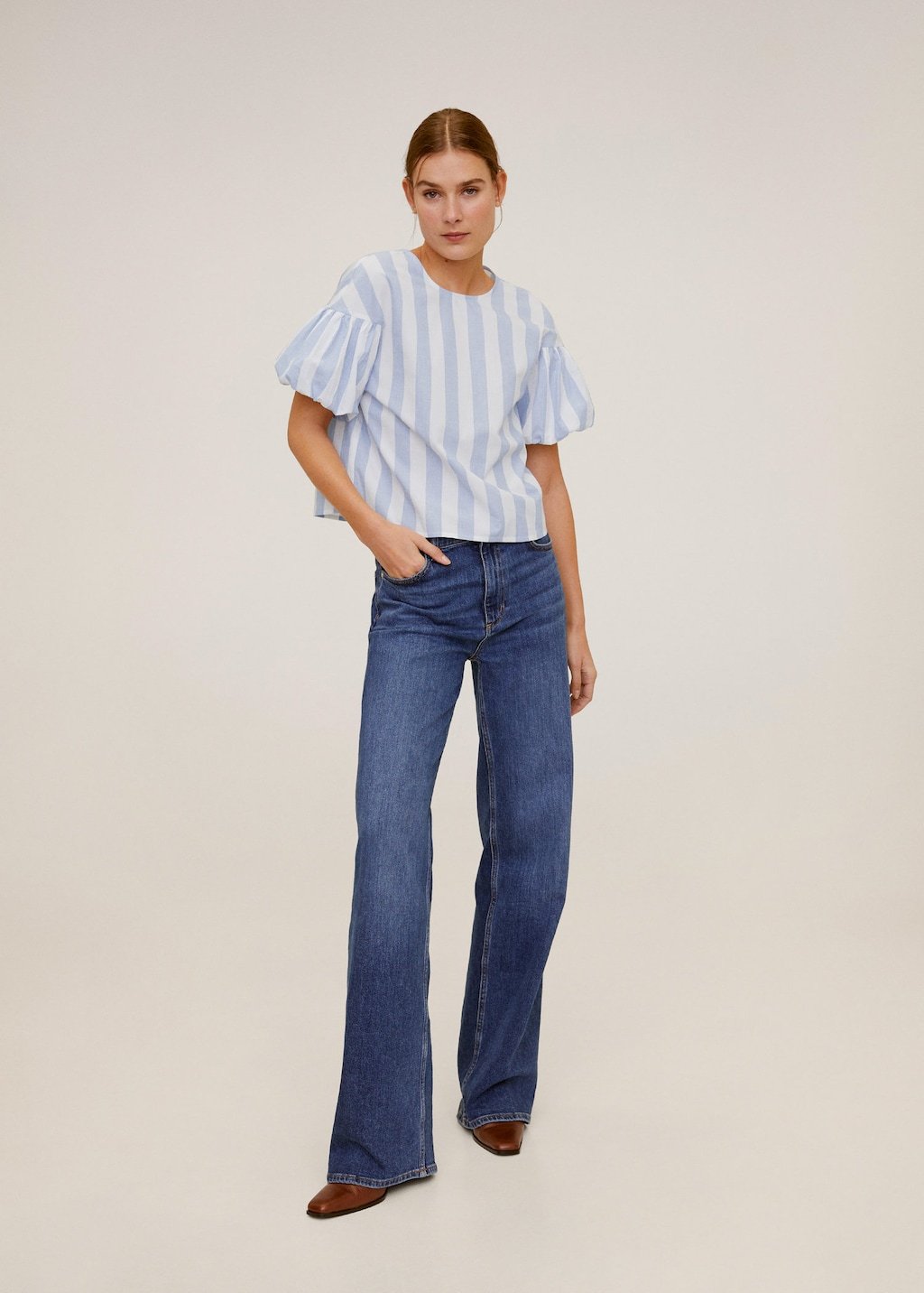 Puffed sleeves striped shirt