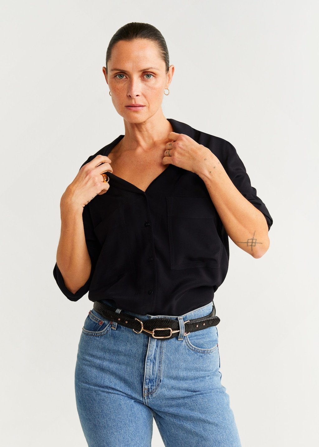 Chest-pocket flowy blouse